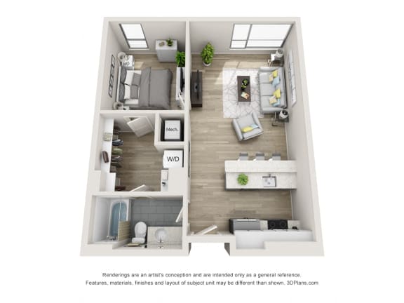 1 bedroom 1 bathroom Richmond luxury apartment floor plan  at The Locks Tower, Virginia, 23219