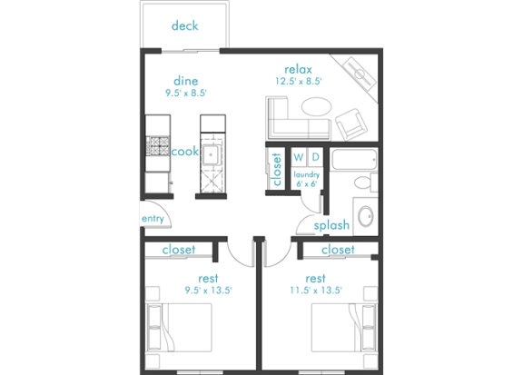 Floor Plan  2 Bedroom 1 Bath Floor Plan at Aero Apartments, Washington, 98444
