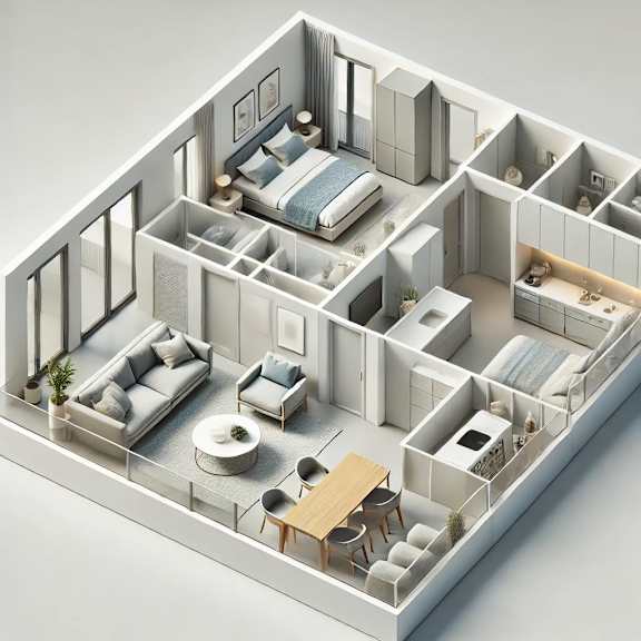 a 3d floor plan of a house with a bedroom and a living room