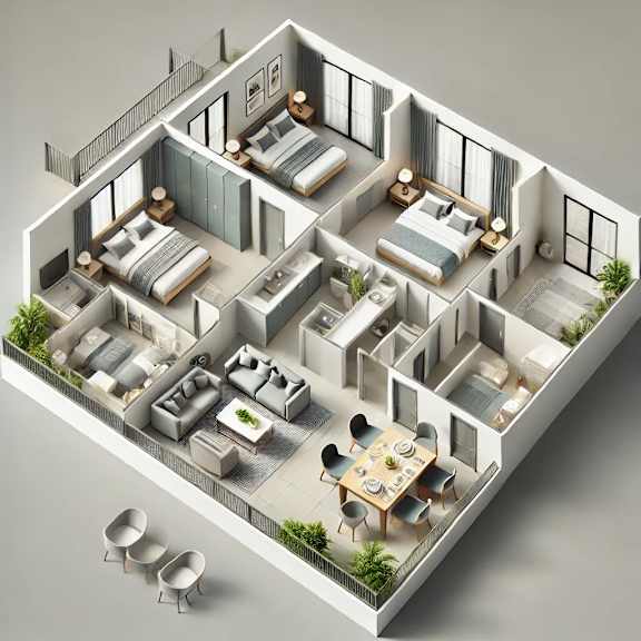 a 3d floor plan of a house with bedrooms and a living room
