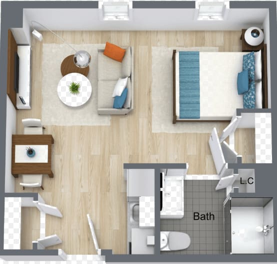 a 3d drawing of a bedroom with a bathroom and a living room