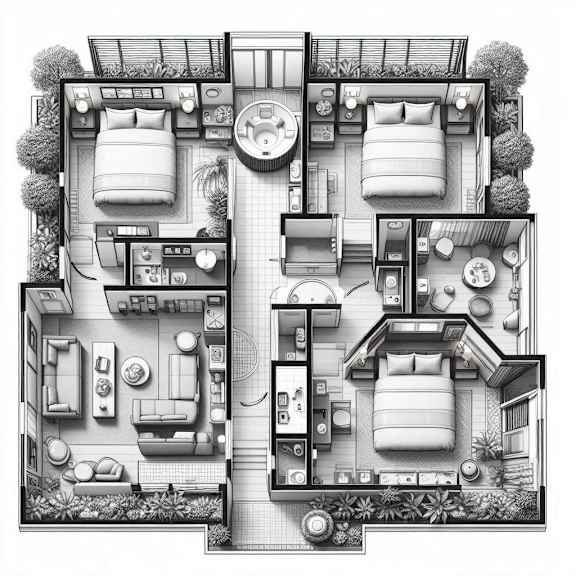 an aerial view of a bedroom apartment floor plan