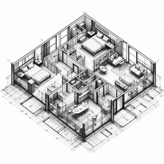 a 3d drawing of a house with a bedroom and living room