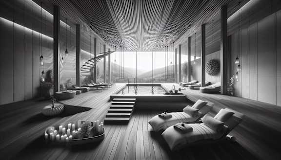 a black and white rendering of a lounge room with a pool