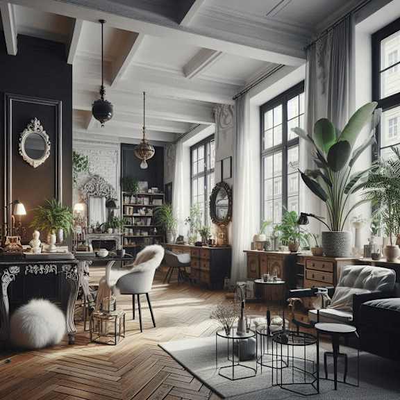 a living room filled with furniture and plants