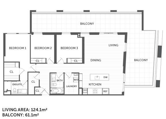 Floor Plan  3B 3-bedroom floor plan The Briscoe by Kinleaf apartments