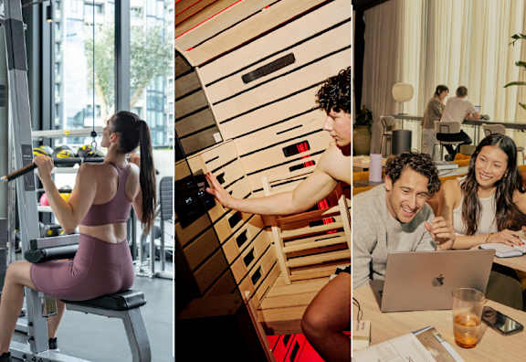 A woman is working out in a gym, a man is sitting at a wooden table with a laptop, and a woman is sitting at a table with a glass of orange juice.