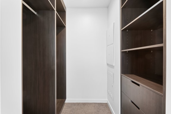 a walk in closet with wooden cabinets and a white door