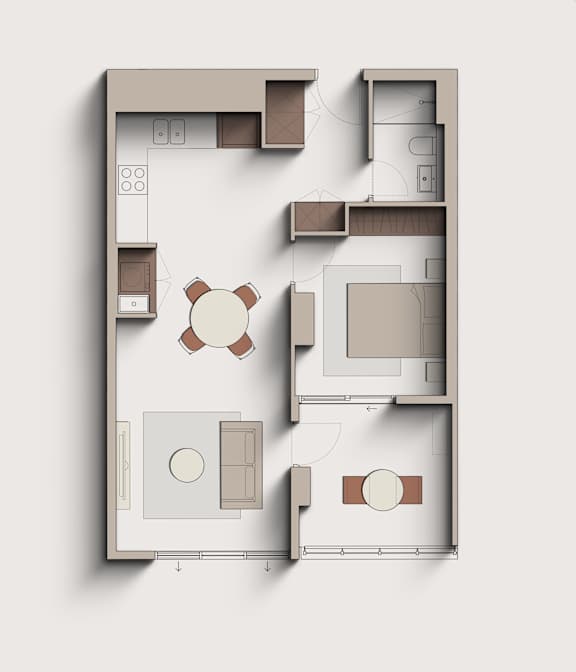 A floor plan of a house with a kitchen, living room, and two bedrooms.