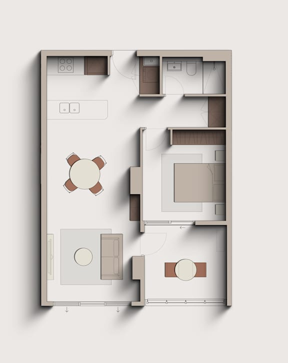 A floor plan of a house with a kitchen, living room, and two bedrooms.