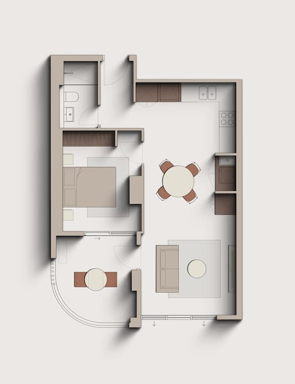 A floor plan of a house with a kitchen, living room, and two bedrooms.