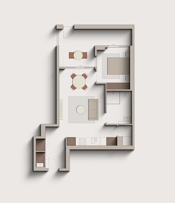 A floor plan of a house with a kitchen, living room, and two bathrooms.