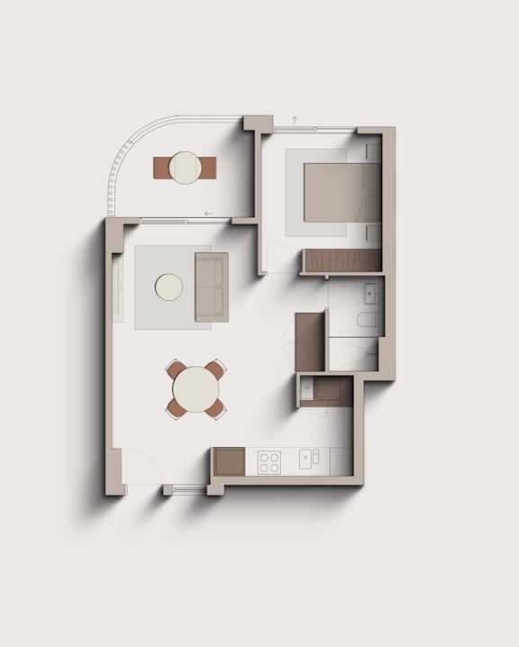 A floor plan of a house with a kitchen, living room, and bathroom.