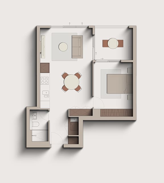 A floor plan of a house with a kitchen, living room, and two bathrooms.