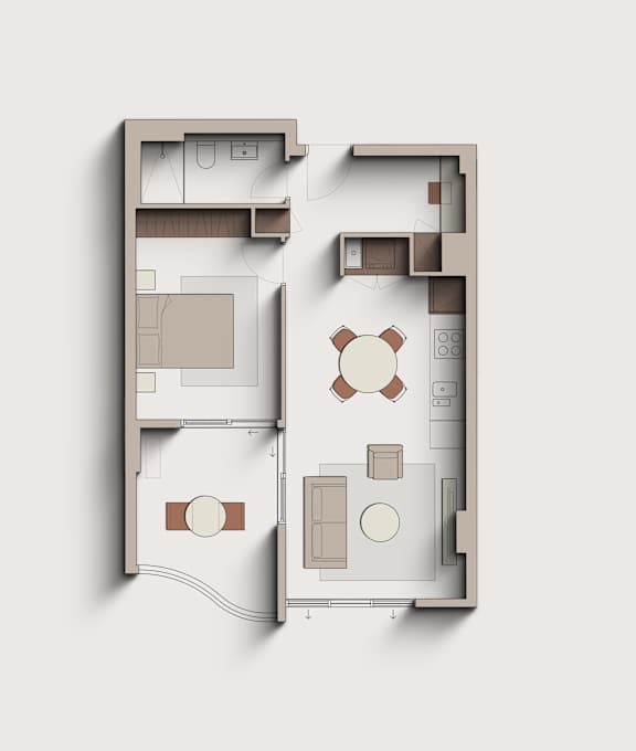A floor plan of a house with a kitchen, living room, and two bedrooms.