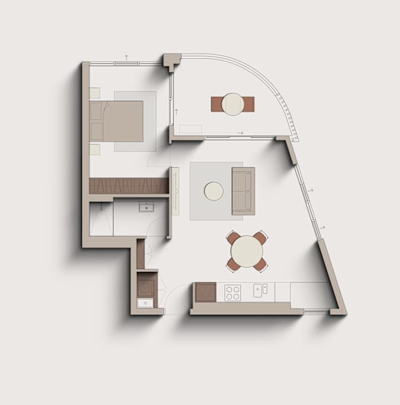 A floor plan of a house with a kitchen, living room, and two bedrooms.