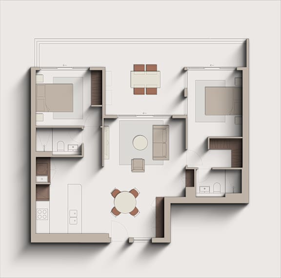 A 3D floor plan of a house with a kitchen, living room, and bedrooms.