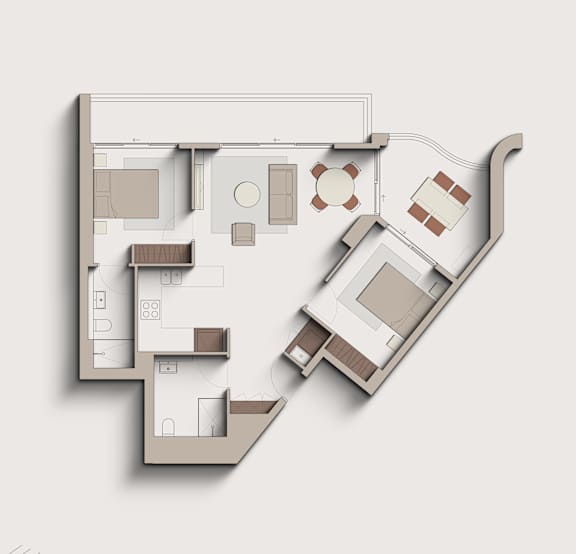 A 3D floor plan of a house with various rooms and furniture.