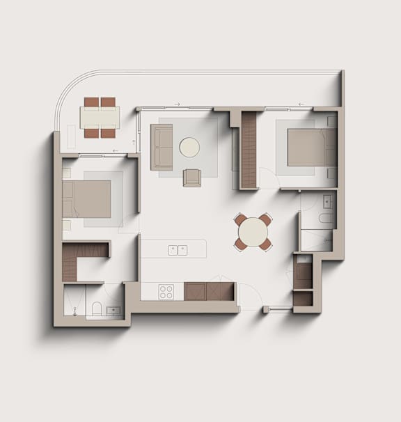 A floor plan of a house with a kitchen, living room, and bedrooms.