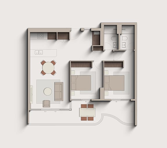 A 3D floor plan of a house with labeled rooms.