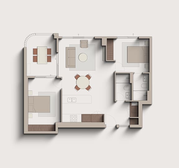 A 3D rendered image of a house floor plan.