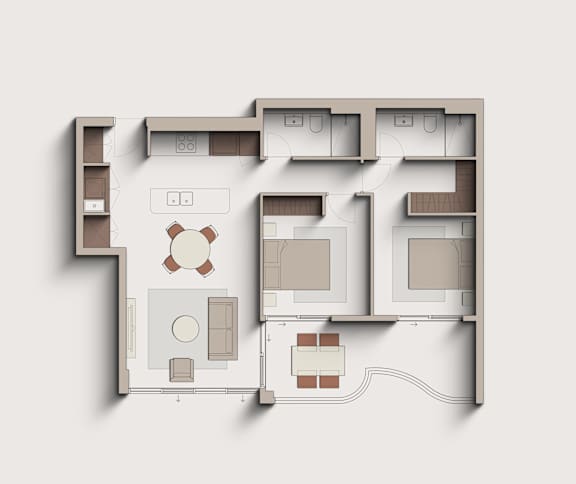 A 3D rendered image of a house floor plan.