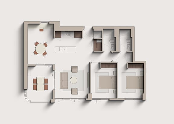 A floor plan of a house with a kitchen, living room, and two bedrooms.