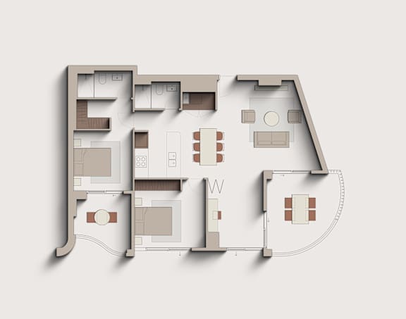 A 3D rendered image of a house layout.