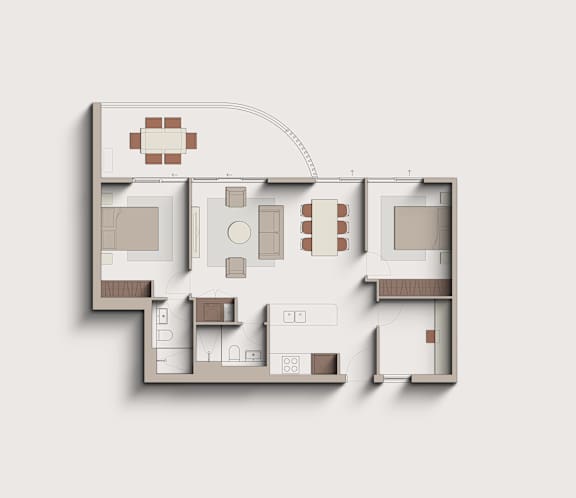 A 3D rendered image of a house layout.