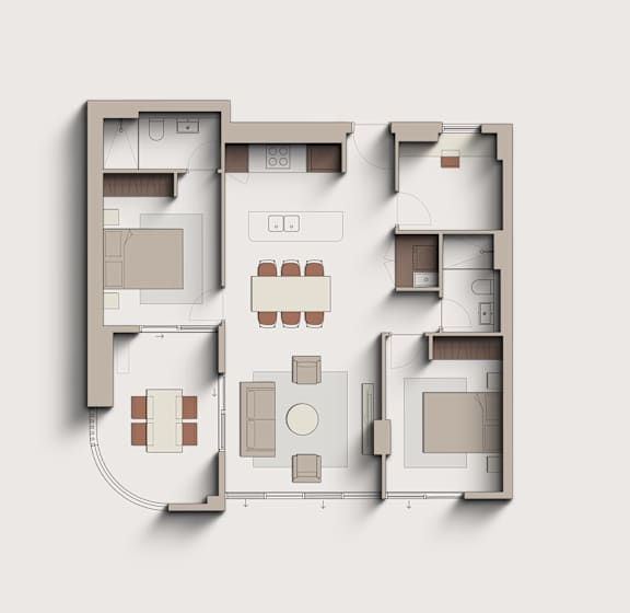A floor plan of a house with a kitchen, living room, dining room, and bedrooms.
