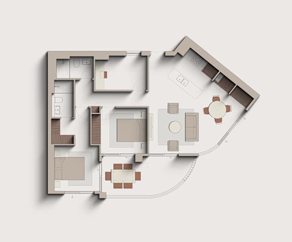 A 3D rendered image of a house floor plan.