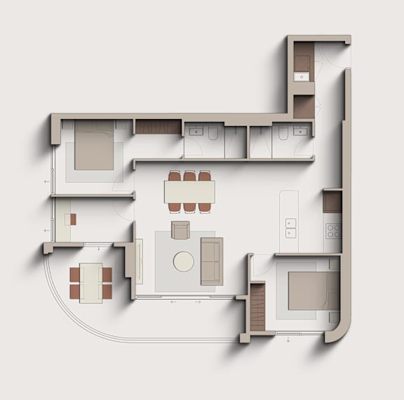 A 3D rendered image of a house layout.