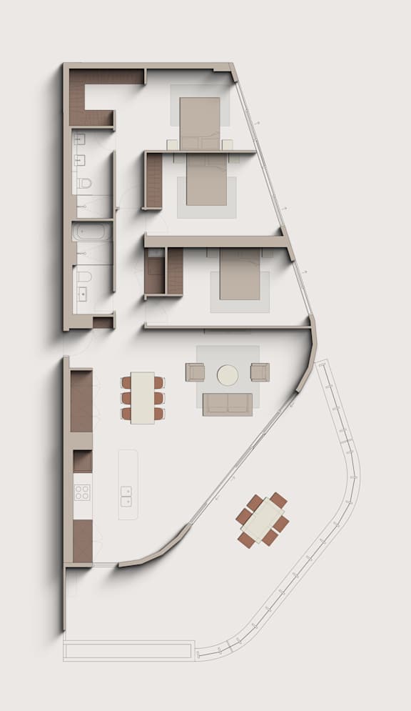 A floor plan of a house with a kitchen, living room, and two bedrooms.