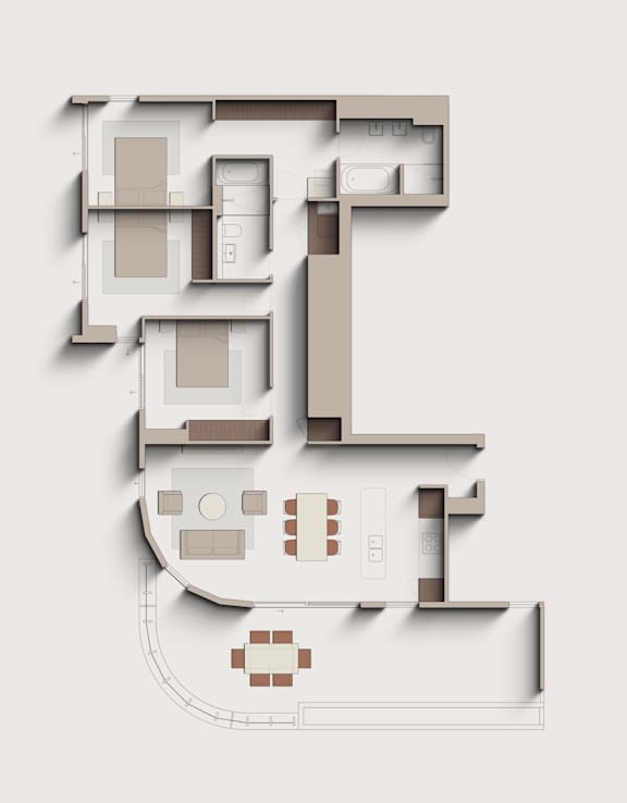 A floor plan of a house with a kitchen, living room, and two bedrooms.