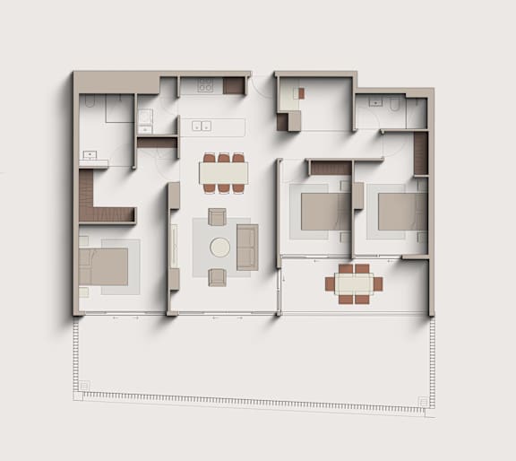 A floor plan of a house with multiple rooms and a kitchen area.