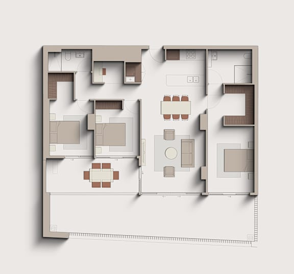 A floor plan of a house with a kitchen, living room, and two bedrooms.