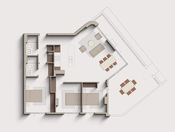 A floor plan of a house with a kitchen, living room, and two bedrooms.