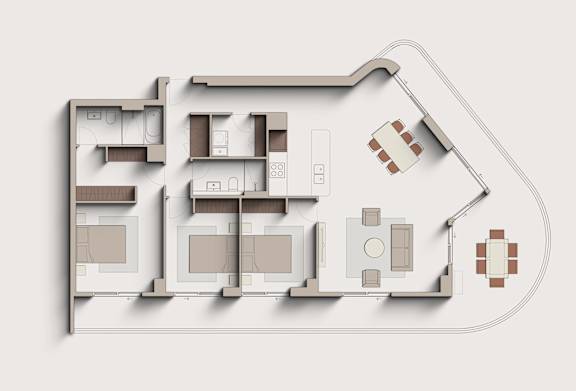 A 3D rendered image of a house layout.