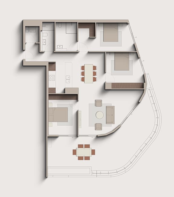 A floor plan of a house with a kitchen, living room, and two bedrooms.