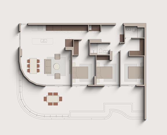 A floor plan of a house with a kitchen, living room, and bedrooms.