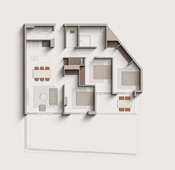 A 3D floor plan of a house with labeled rooms.