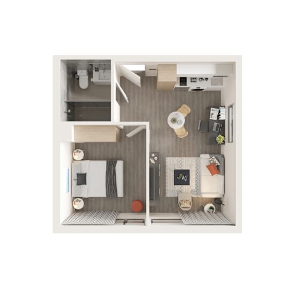 A small apartment with a kitchen, living room, and bathroom.