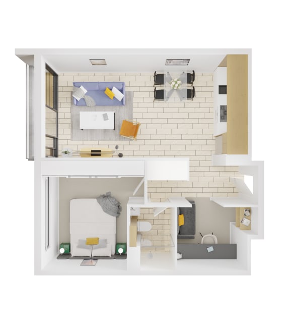 Floor Plan  a view of the interior of a house with a bedroom and a living room