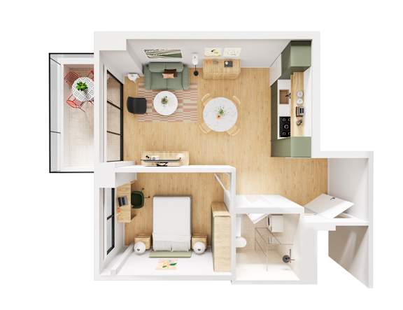 A small white kitchen with a table and chairs.