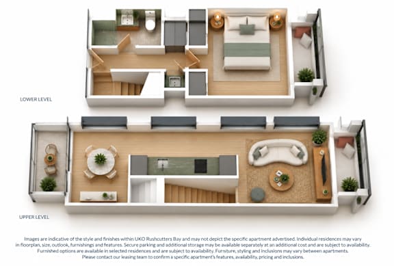 A floor plan of a two-level apartment with labeled rooms and furniture.