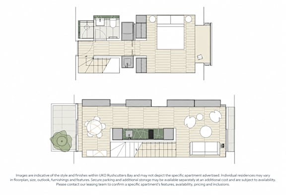 A floor plan of an apartment with two bedrooms, a living room, a kitchen, and a bathroom.