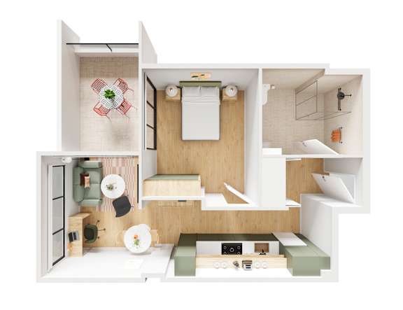 A 3D rendered image of a modern kitchen and living room.