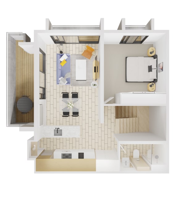 a 3d rendering of a residential floor plan with a bedroom and a bathroom