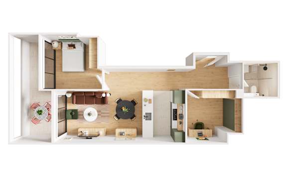 A cutaway diagram of a house showing the interior of a kitchen, living room, and bedroom.