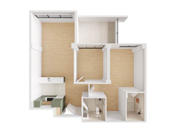 A white and beige model of a house with a kitchen and bathroom.